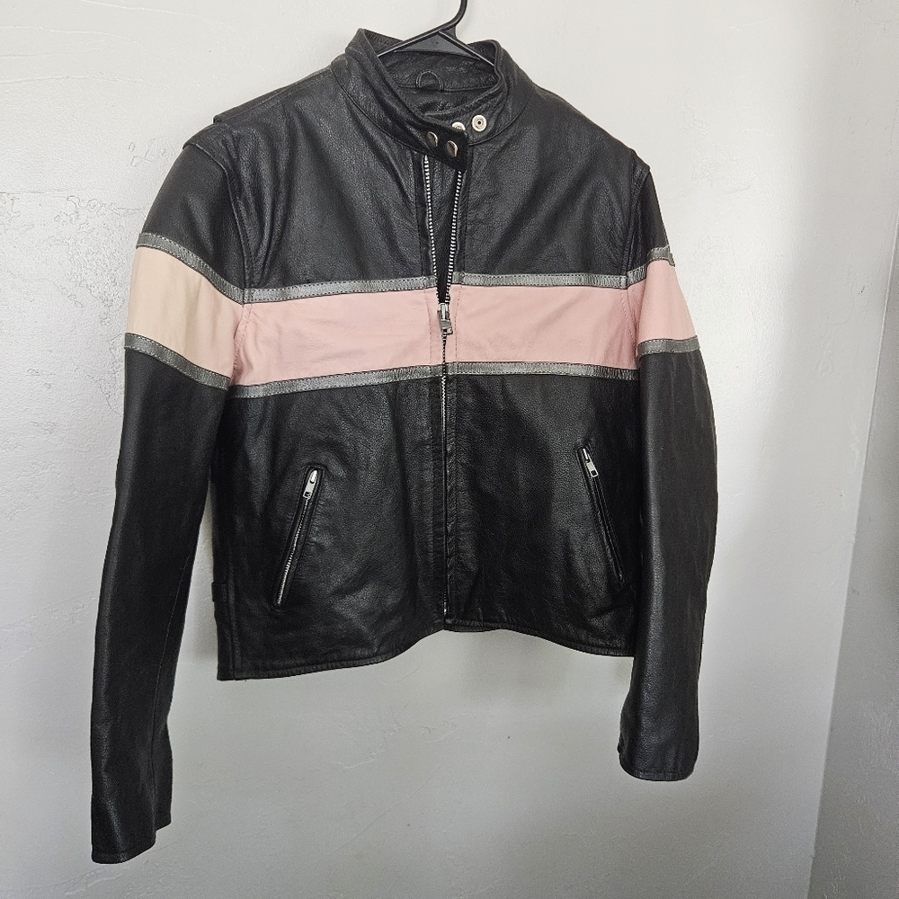 Hot Leathers Women's XL Black and Pink Leather Jacket Motorcycle Biker Harley